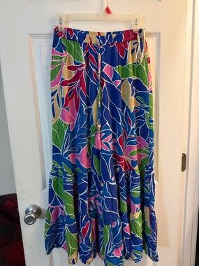 Vibrant Blue Tropical Print Tiered Maxi wide legs pants